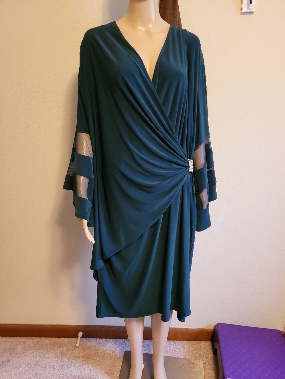 R&M Collection Elegant Teal Wrap-Style Women’s Dress with Rhinestone Accent. 24W